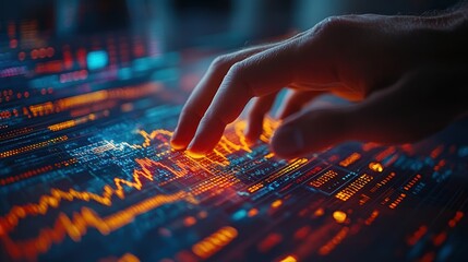 A hand interacts with a digital display of data and graphs, symbolizing technology and analytics.