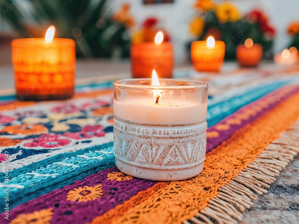 Poster burning white candle with a decorative pattern standing on a colorful striped table runner with othe