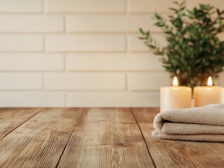 Wooden table surface with a folded towel, candles and plant on background perfect for displaying beauty and wellness products
