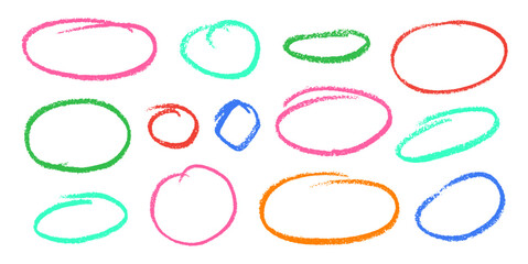 Crayon Circular Shapes Vector Set. Chalk Scribble Round Highlight Collection. Colorful Hand Drawn Brush Texture Dialogue Oval Frames. Pencil Emphasis Elements Charcoal Doodle Talk Balloons Bundle