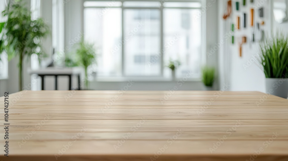 Poster empty wooden table top with blurred office background, ideal for displaying products