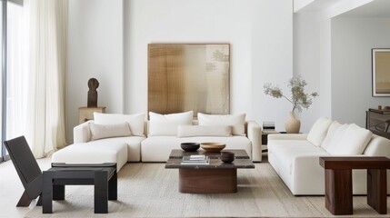 An elegant and serene living room design with a white canvas backdrop, Carefully arranged minimal furniture, Parisian minimalist style