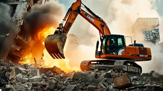 Demolition crew uses heavy machinery to demolish a building amid intense explosions and debris in a dramatic urban setting