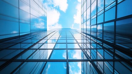Obraz premium Modern Skyscraper Looking Upward with Blue Sky
