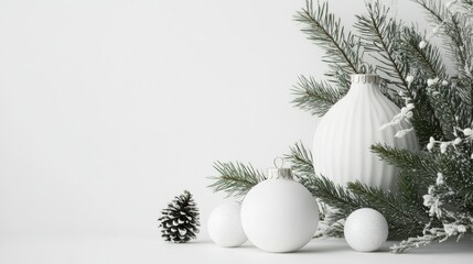 Minimal Christmas graphic design with a modern white backdrop and a few understated festive elements, perfect for clean, elegant holiday cards.