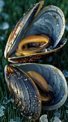 Fototapeta premium Open mussels resting on ice with a green grass background at a seafood market