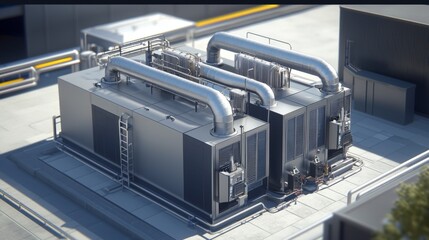 Cogeneration power unit with visible heat recovery systems in industrial environment