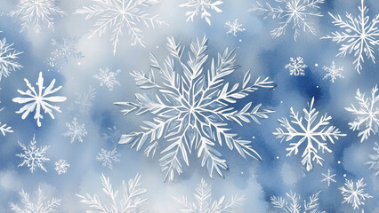 Delicate watercolor background featuring intricate snowflakes on a cool blue backdrop
