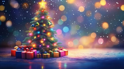 Obraz premium Whimsical Christmas tree illustration with sparkling lights and gift boxes in bright colors, ready for holiday celebrations.