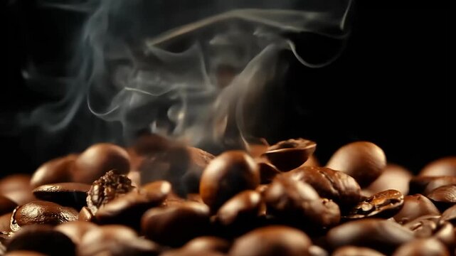 macro shot coffee beans roasting soft diffuse smoke rising at captured beautifully 4K showcase rich aroma essence background bean beverage black breakfast brown cafes caffeine closeup hot drink