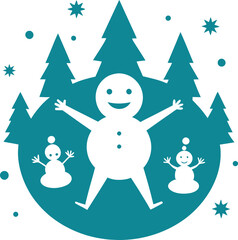 Vector Christmas card with joyful cute snowman and pine trees surrounded by snowflakes