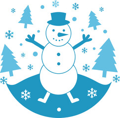 Vector Christmas card with joyful cute snowman and pine trees surrounded by snowflakes