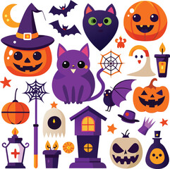 Fototapeta premium Halloween Party Decorations Pumpkins, Bats, Cats, Ghosts