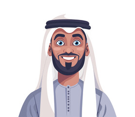 A cartoon illustration of a smiling Arab man wearing traditional attire, including a keffiyeh and thobe. The character is friendly and welcoming, representing Arab culture and tradition.