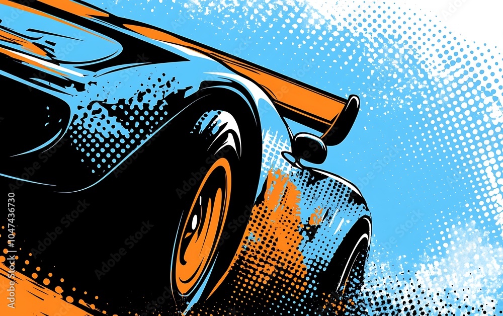 Aufkleber A close-up of a racing car speeding toward the viewer, with a grunge effect and halftone pattern in the background.