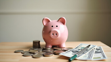 Pink piggy bank surrounded by coins and cash on a wooden table, symbolizing savings and financial planning