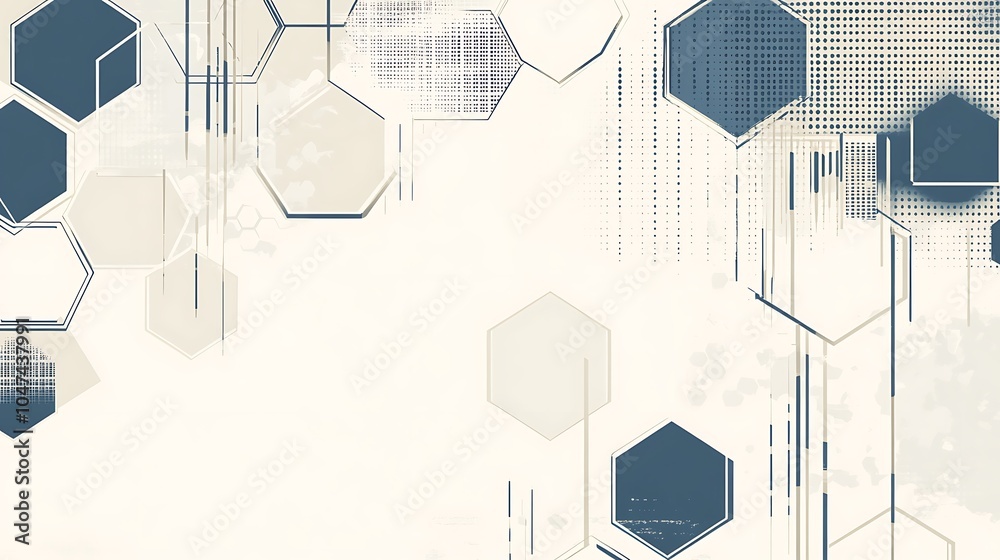 Poster abstract geometric background with hexagons and lines in white, beige, and blue.