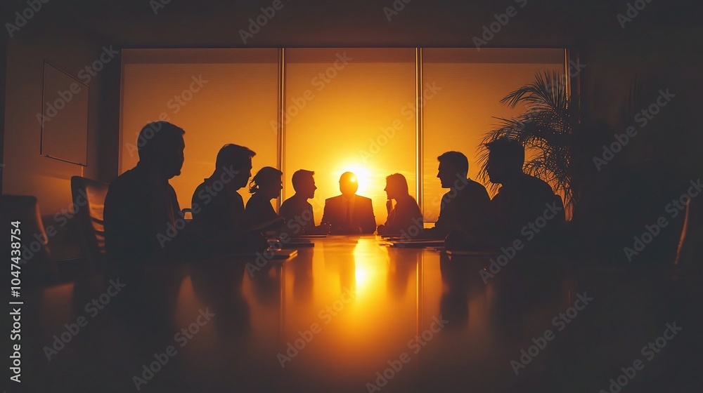 Canvas Prints People Silhouetted Against a Sunset in Meeting Room