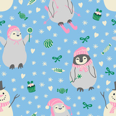 Cute penguins in winter hats, snowman, sweet food, snowflakes seamless pattern. Fun Christmas  repeat pattern for paper, textile design.