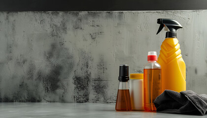 Car cleaning products, canisters with motor oil and microfiber fabric on light grey table. Space for text