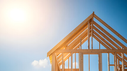Obraz premium Wooden House Frame Under Construction: Building the Foundations of a New Home with Structural Precision