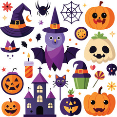 Halloween Illustration With Cute Characters And Objects