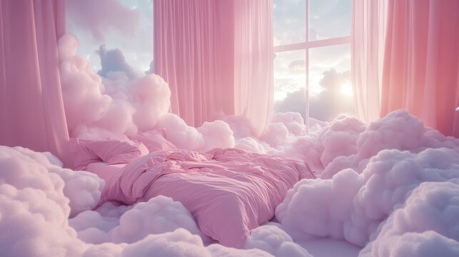 Pink bed floating on clouds in dreamlike room at sunset
