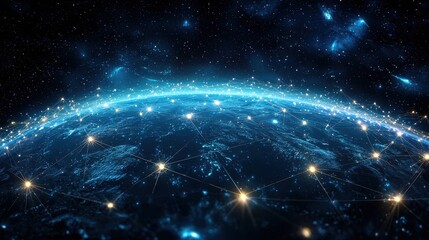 A view of Earth from space showcasing illuminated cities and starry sky over a digital network landscape