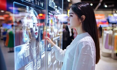 Woman Interacting with Digital Kiosk in a Retail Store