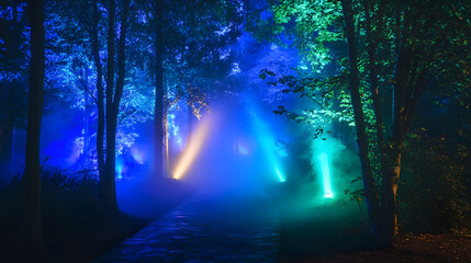 Obraz premium Dark forest path illuminated by eerie blue and green lights