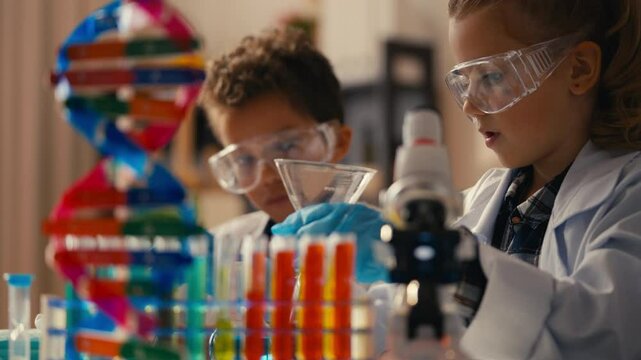 Children experimenting with chemicals in lab flasks, learning chemical reactions