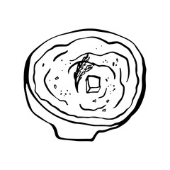 Mashed potatoes in a bowl, doodle sketch drawing, vector illustration, black line on a white background