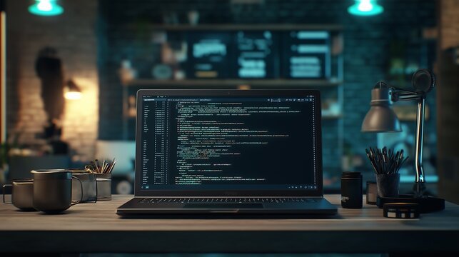High-tech laptop displaying complex code snippets, web development tools, programmer&rsquo;s workspace.