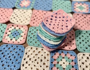 Crochet granny squares samples multicolor different colors photo handmade craft hobby 