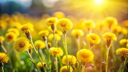 Obraz premium Adorable little yellow wildflowers with soft, fluffy petals blooming in a meadow on a sunny spring or summer day. Captured with selective focus for a delicate, natural look.