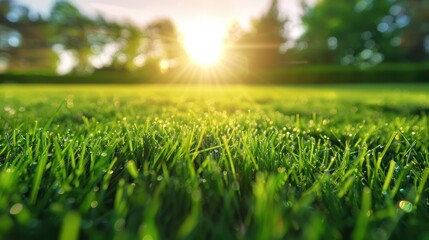 Close-up View of Dewy Green Grass with Sun Shining Through Trees in the Background