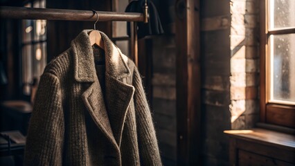 Fototapeta premium Beige wool coat hanging by rustic window in warm light