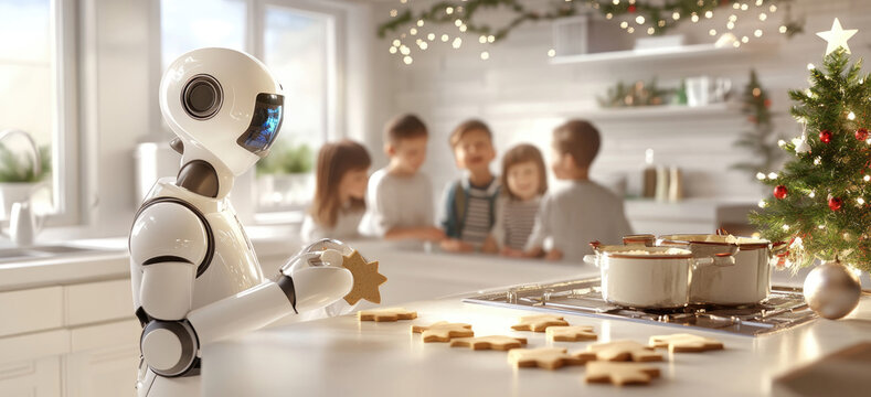 Roboter backt Weihnachtskekse f&uuml;r Kinder in der heimischen K&uuml;che &ndash; Futuristisches Backen im Weihnachtsstil mit Roboter Haushaltshilfe