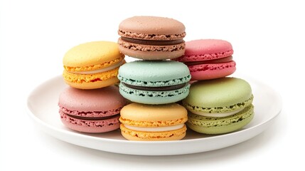 Fototapeta premium A stack of colorful macarons neatly arranged on a white plate against a pure white background, offering a simple and elegant snack concept.