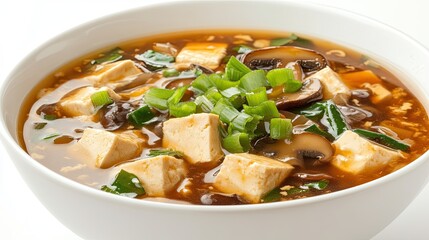 A steaming bowl of Chinese hot and sour soup with tofu, mushrooms, and green onions, served in a white ceramic bowl against a clean white background.