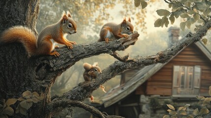 Obraz premium Squirrels on a Branch