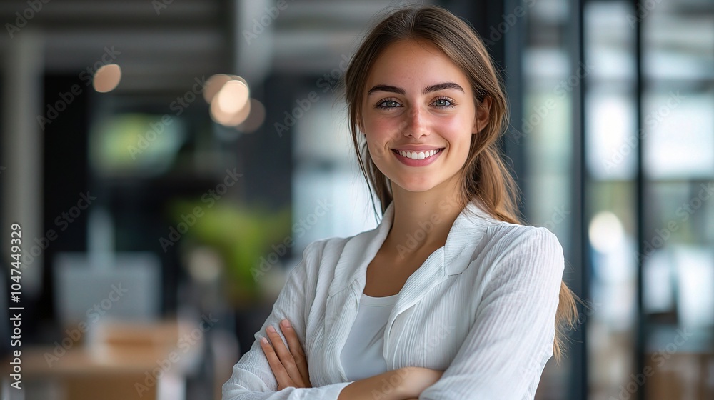 Canvas Prints Confident Young Woman Smiling in Modern Office Setting