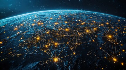 Night view of Earth from space showcasing vibrant city lights connected by network lines across continents