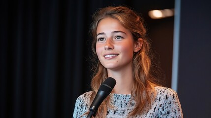 Fototapeta premium Young Woman Speaking at Event with Microphone