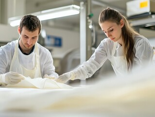 Engineers testing the durability of fabrics in a textile lab