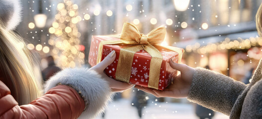 Eine Frau gibt &uuml;berreicht einer Freundin ein weihnachtlich verpackten Geschenks - Close-up auf das Geschenk