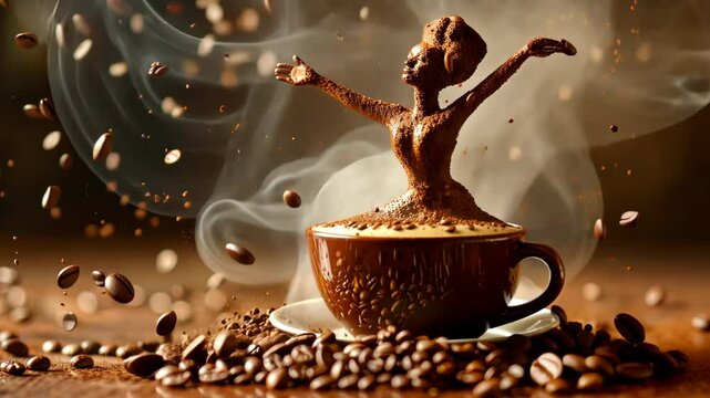Creative coffee art featuring a joyful figure made of cocoa dancing over a cup, surrounded by floating coffee beans