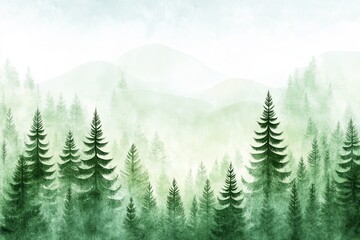 Fototapeta premium Serene forest landscape featuring soft green hills and layered pine trees in a misty atmosphere