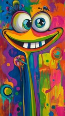 Obraz premium Funny cartoon monster smiling and holding lollipops in a colorful abstract background
