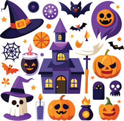 Halloween Icons Spooky House, Pumpkins, Bats, Witch